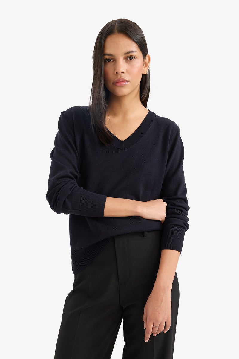 DeFacto Blue Woman Relax Fit V-Neck Pullover Casual - Image 3